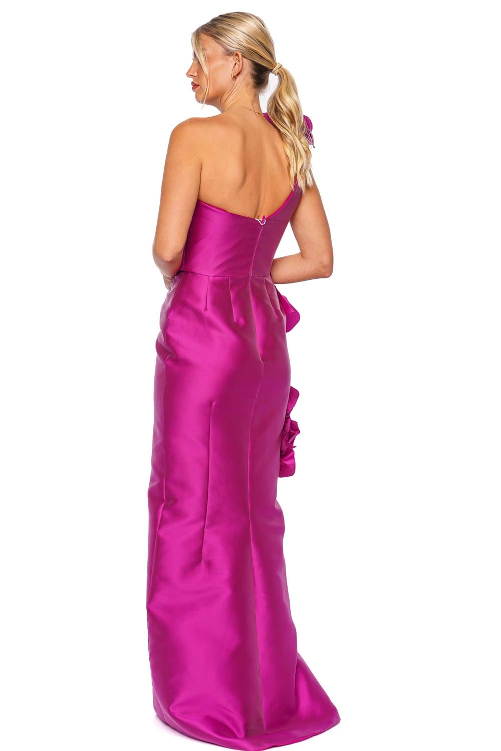 Raspberry One Shoulder Magnolia Flower Gown