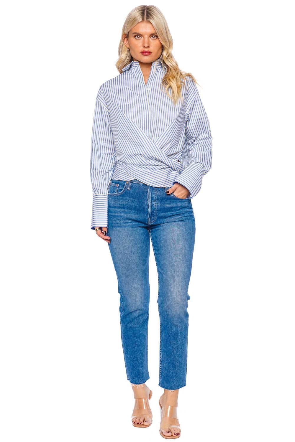 Striped Wrap Front Button Down Blouse