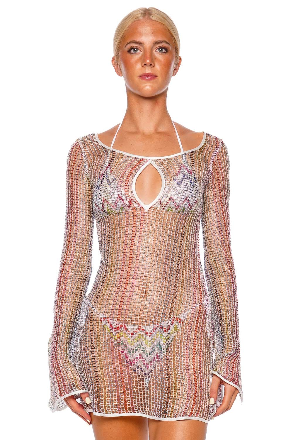 Long Sleeve Sequin Open Knit Mini Dress