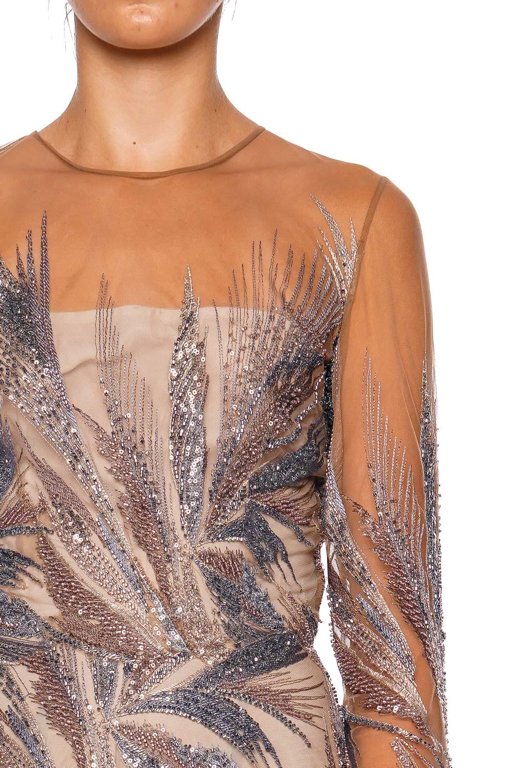 Beaded Illusion Long Sleeve Gown