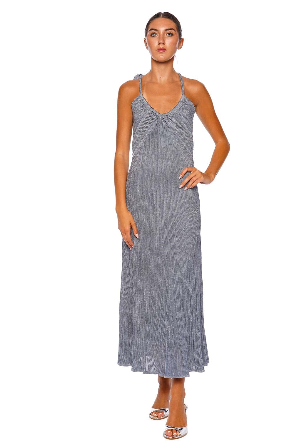 Cascadian Metallic Knit Halter Midi Dress