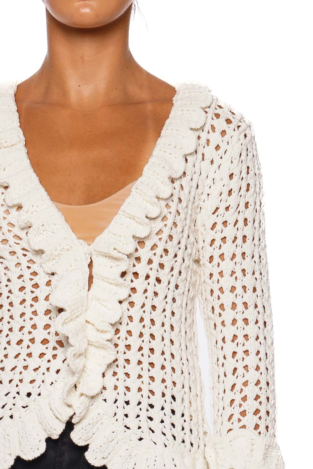 Solaris Ivory Scalloped Ruffle Crochet Cardigan