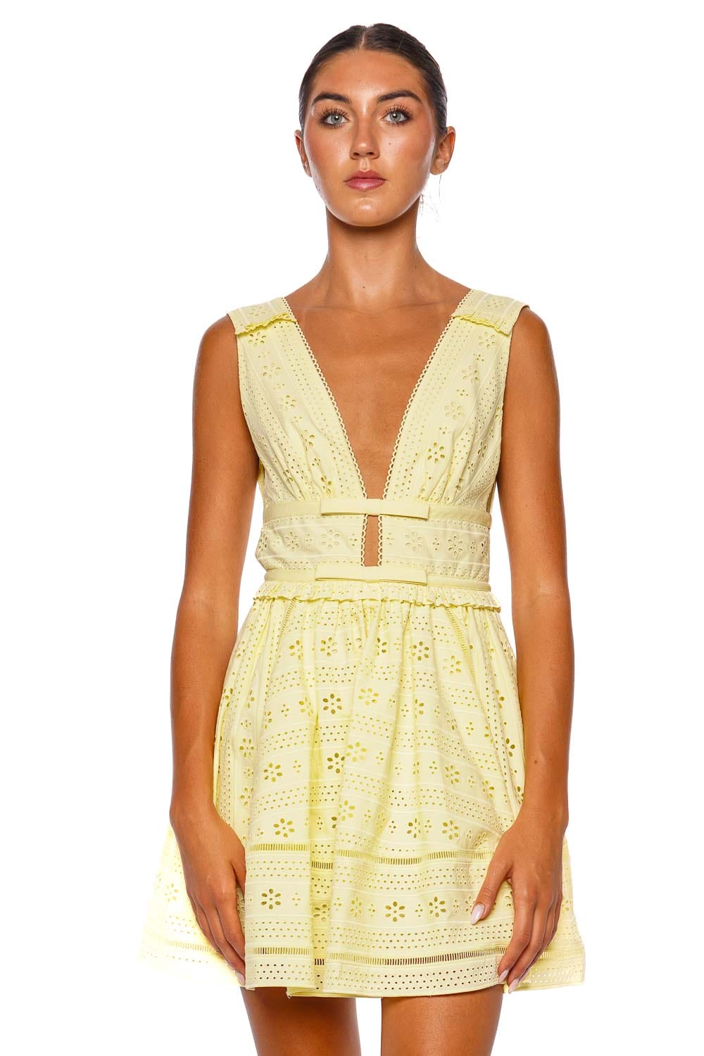Yellow Cotton Broderie Bow Mini Dress