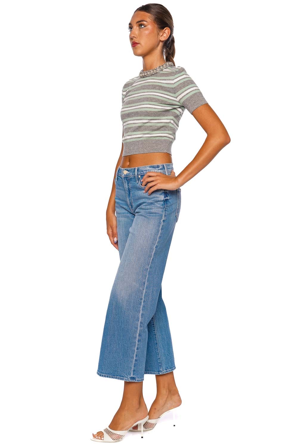 Grey Stripe Crystal Trim Knit Top