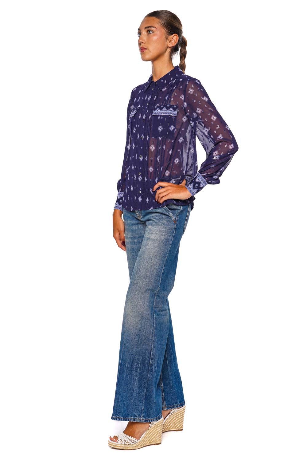 Navy Printed Chiffon Long Sleeve Blouse