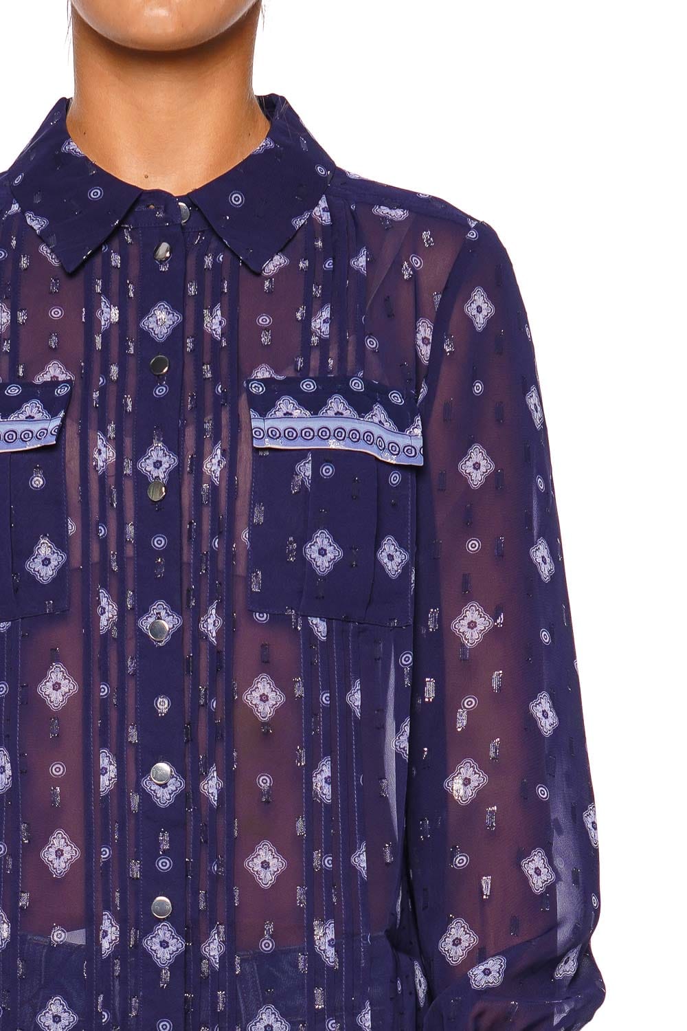 Navy Printed Chiffon Long Sleeve Blouse