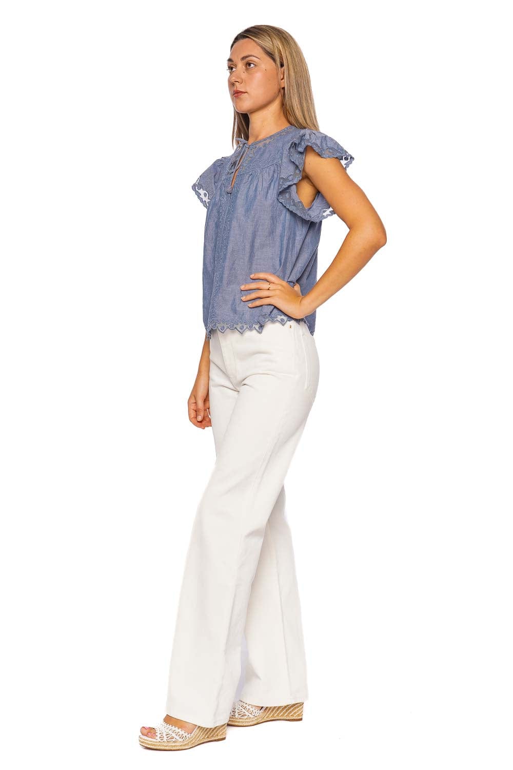 Effie Chambray Flutter Sleeve Top