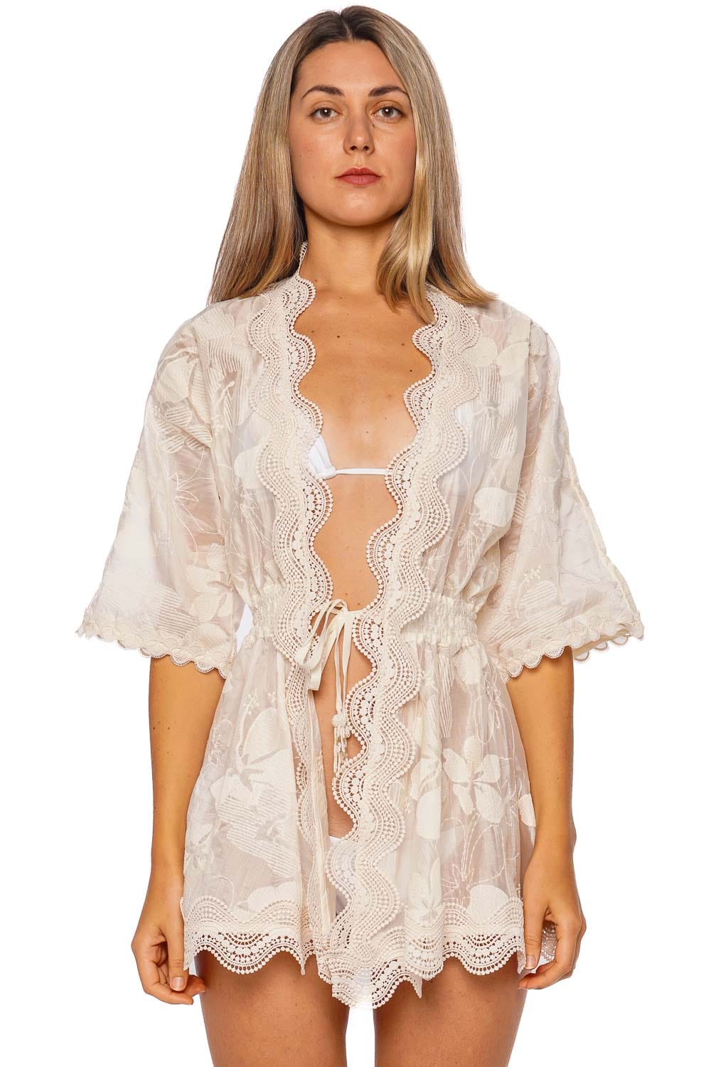 Ecru Lace Trim Short Kimono