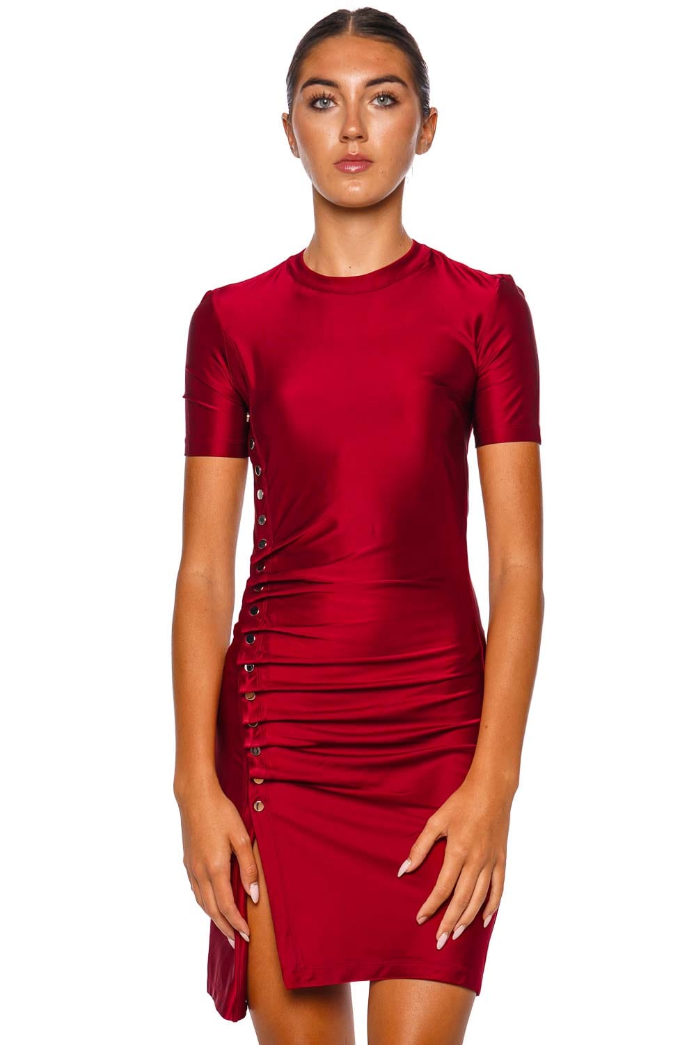 Ruby Red Buttoned Jersey Mini Dress