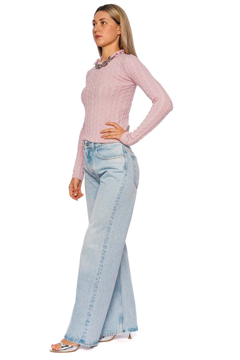 Pink Cable Knit Chain Necklace Sweater