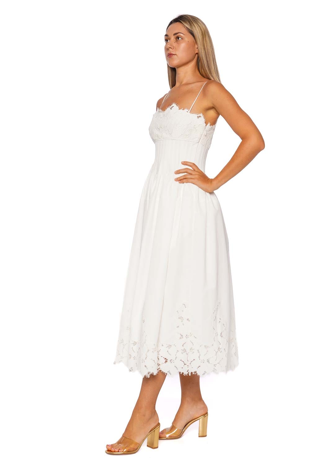 Lilianna White Lace Pleated Midi Dress