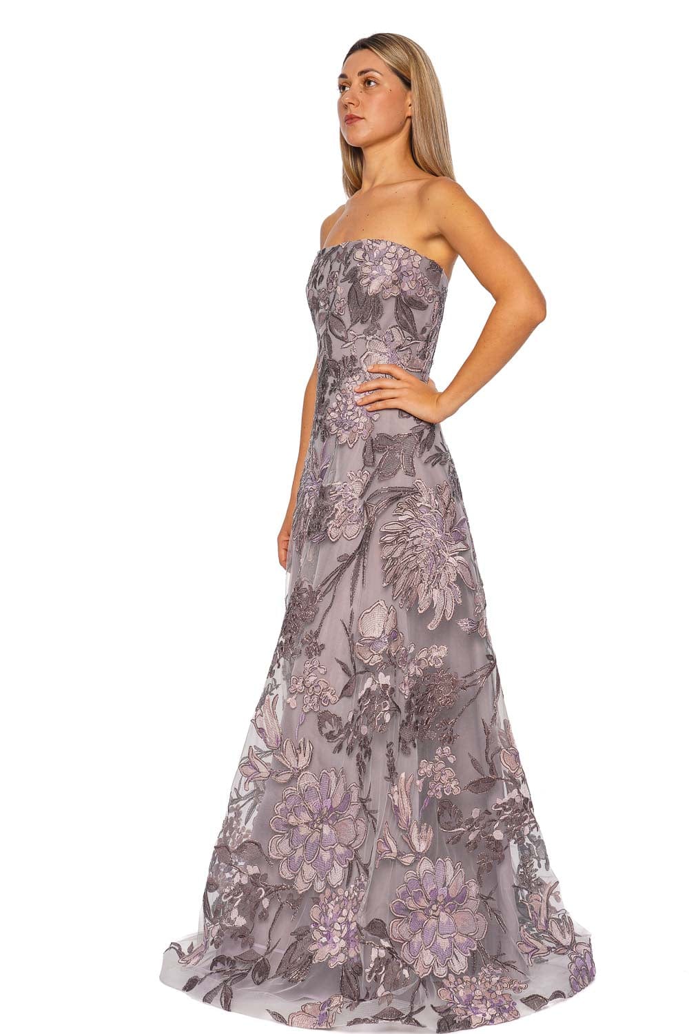 Lilac Silver Floral Embroidered Strapless Gown