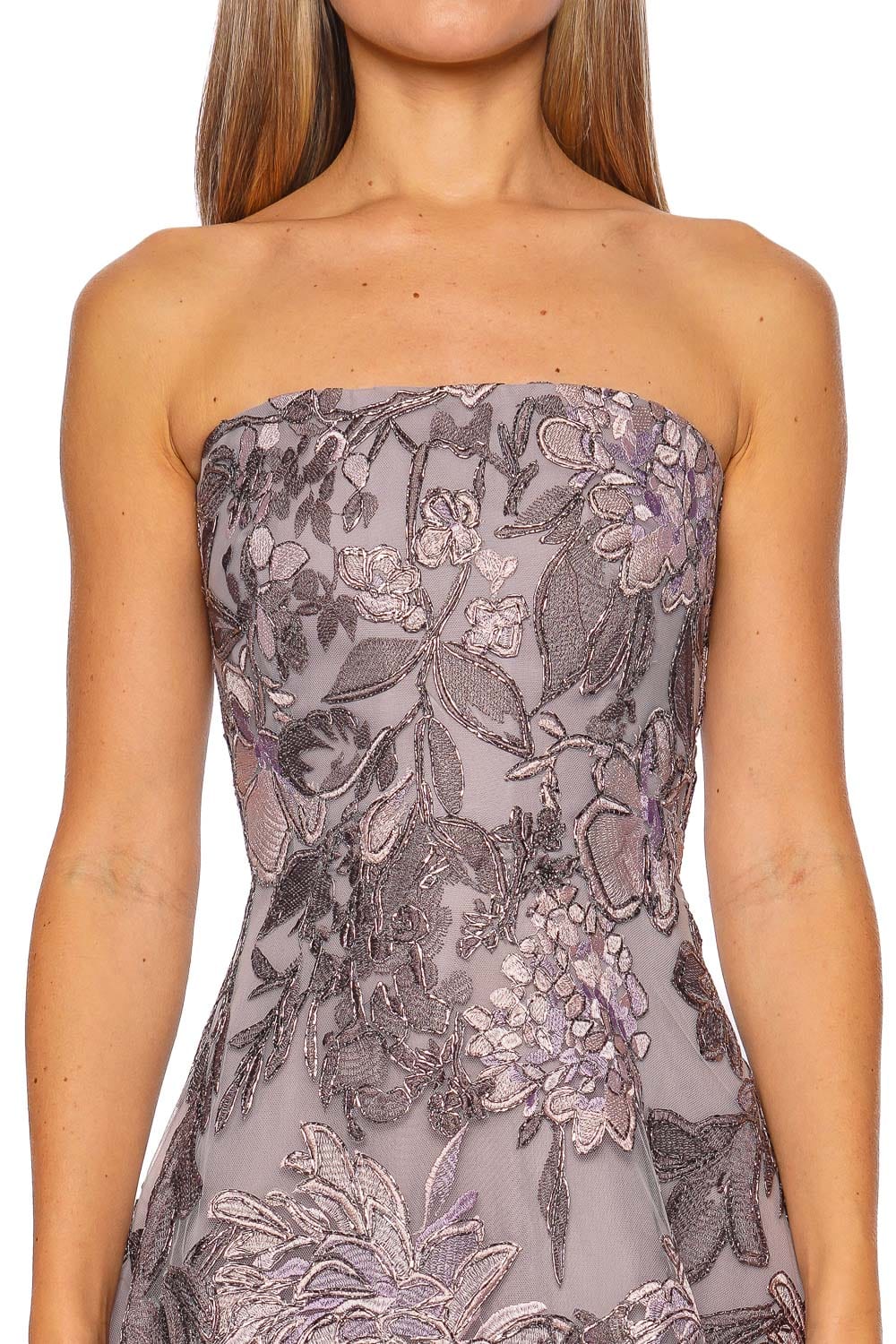 Lilac Silver Floral Embroidered Strapless Gown