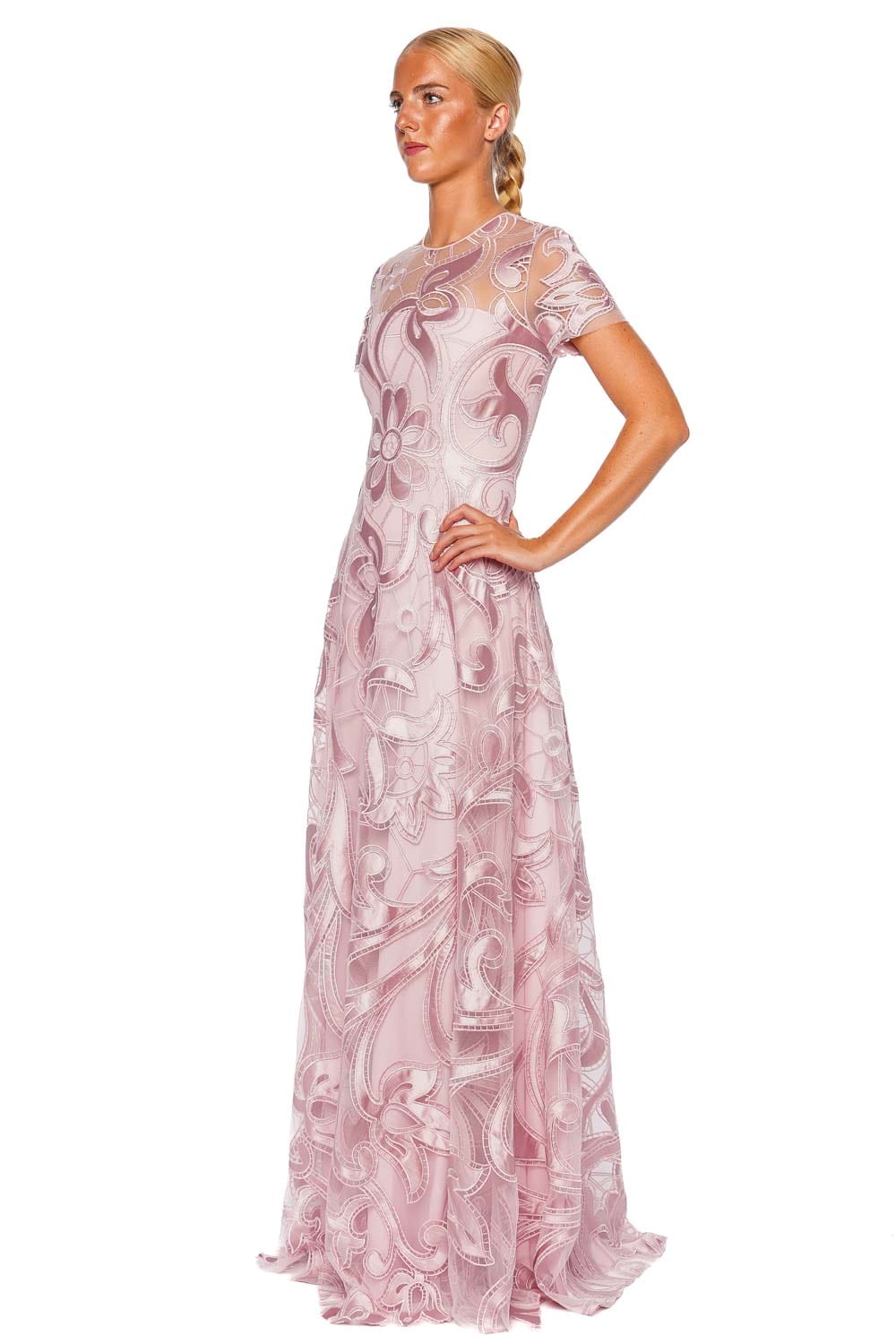 Pink Embroidered Ribbon Cap Sleeve Gown