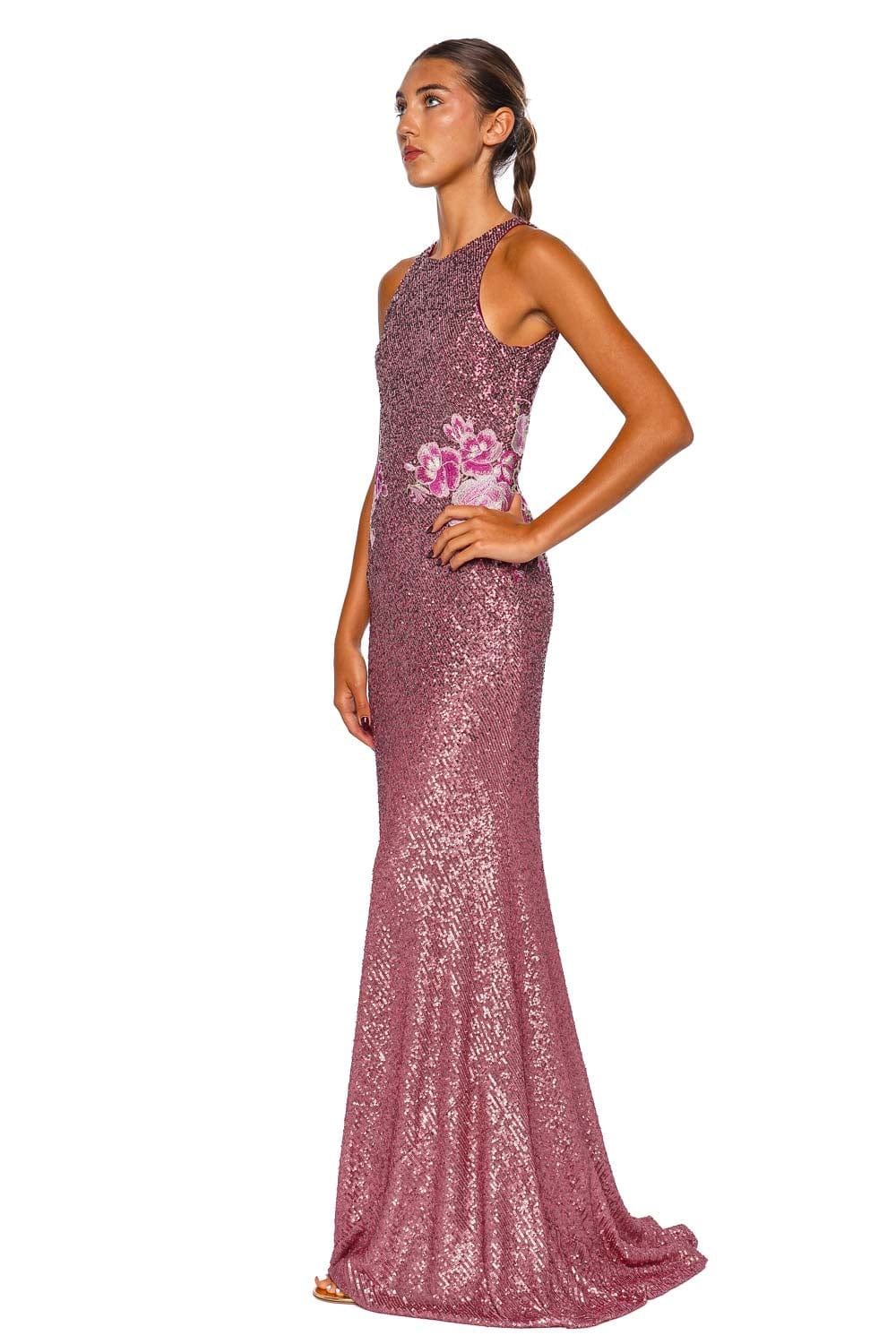 Pink Floral Stretch Sequin Gown