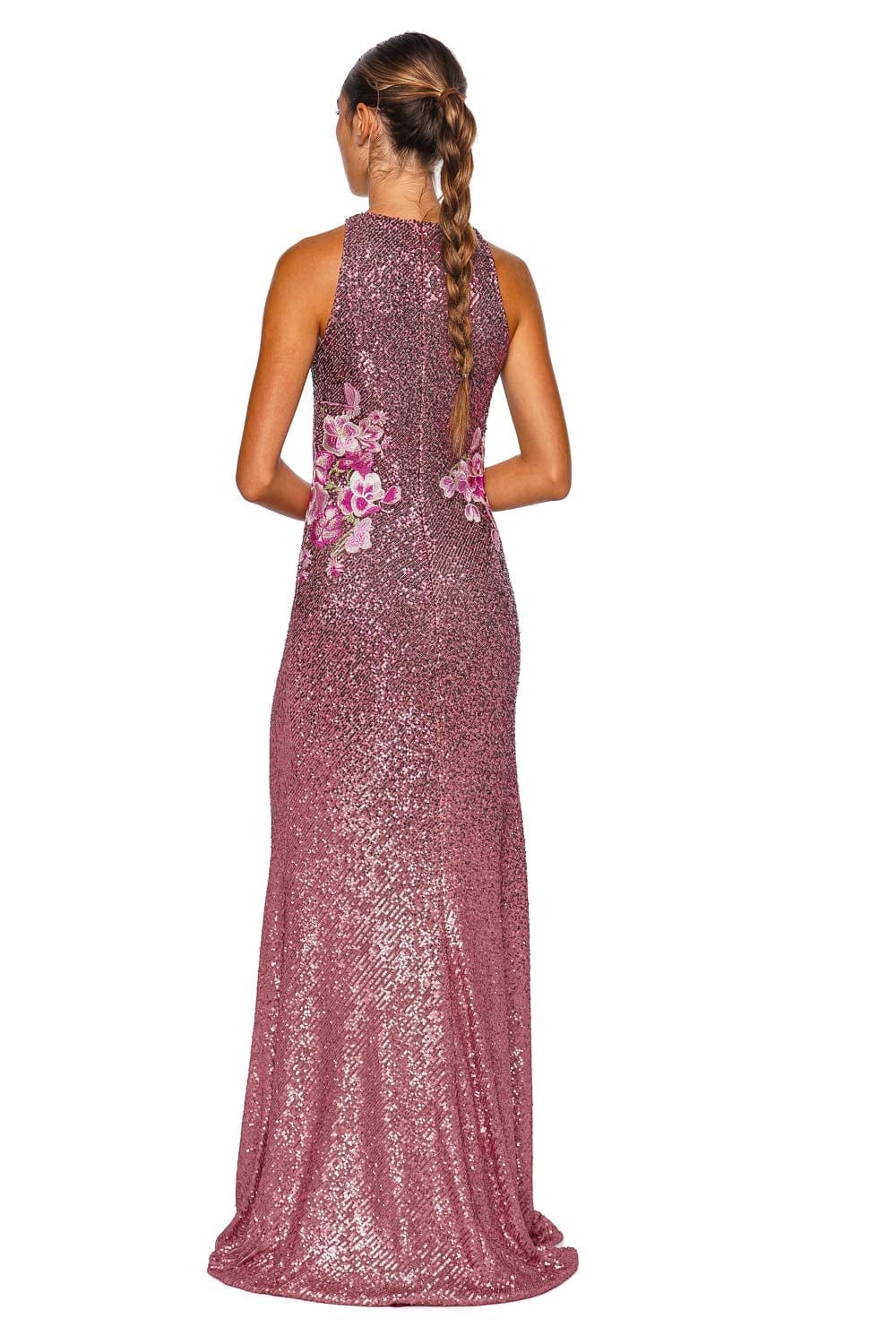 Pink Floral Stretch Sequin Gown