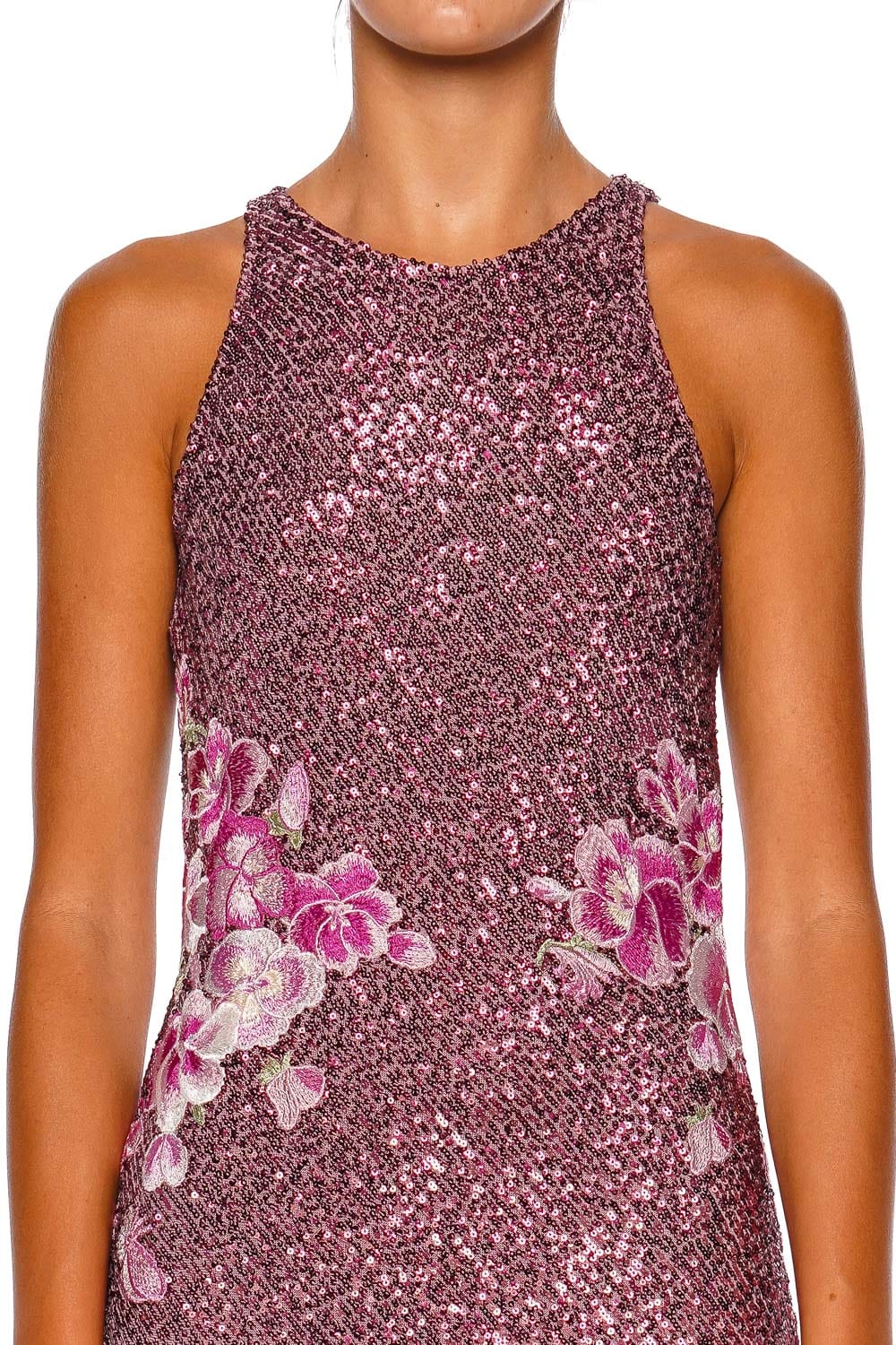 Pink Floral Stretch Sequin Gown