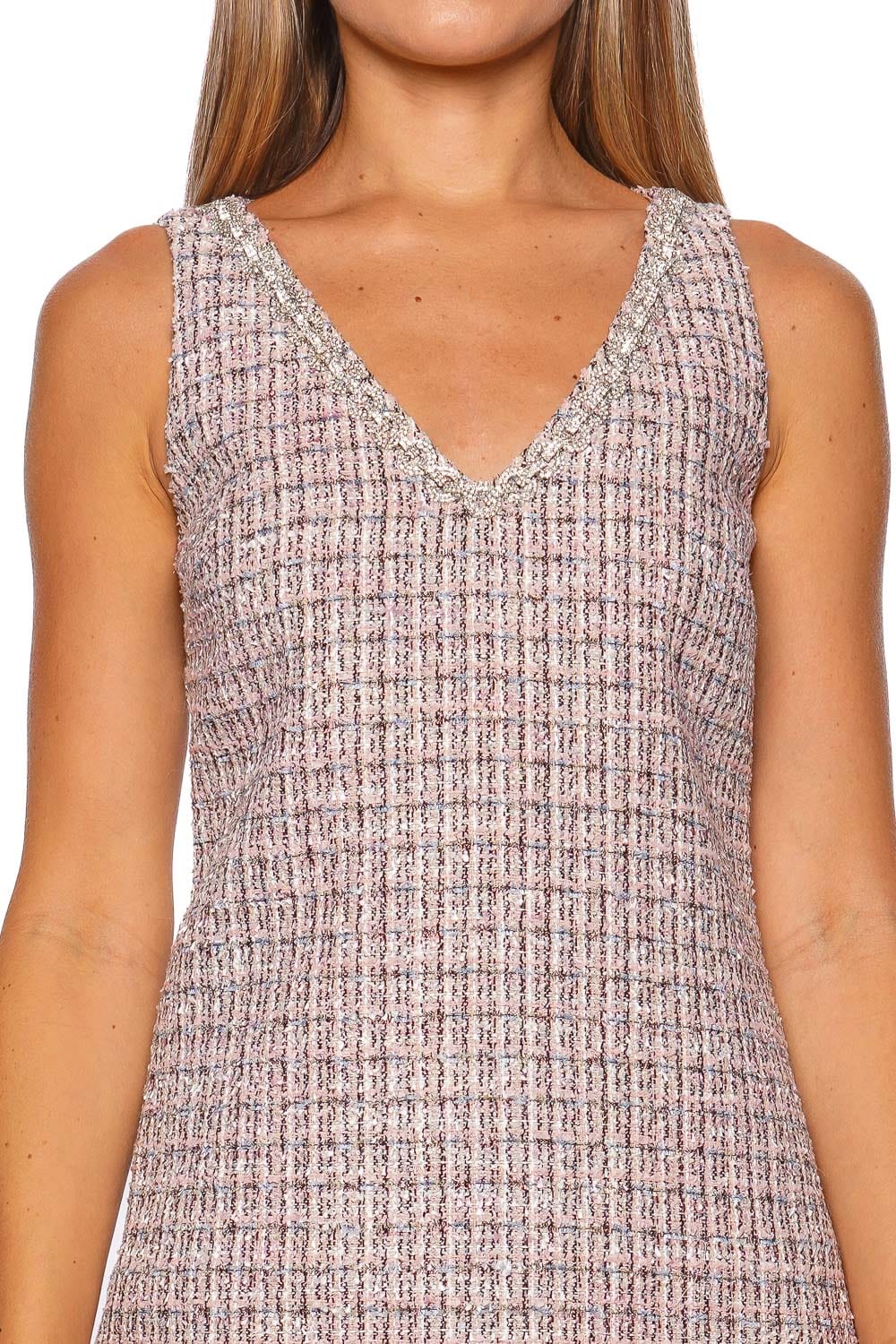 Pink Boucle Fur Trim Mini Dress
