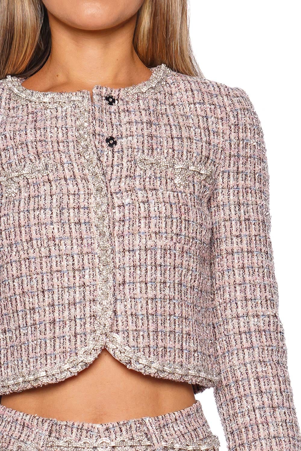 Pink Boucle Fur Cuff Embellished Jacket