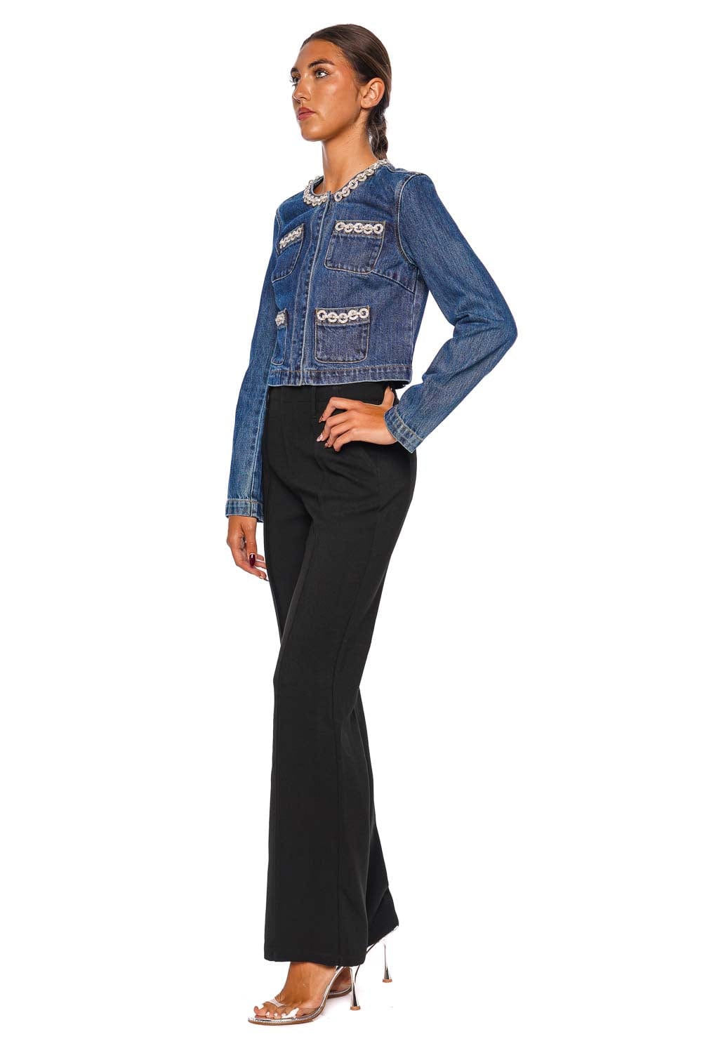 Crystal Trim Cropped Denim Jacket