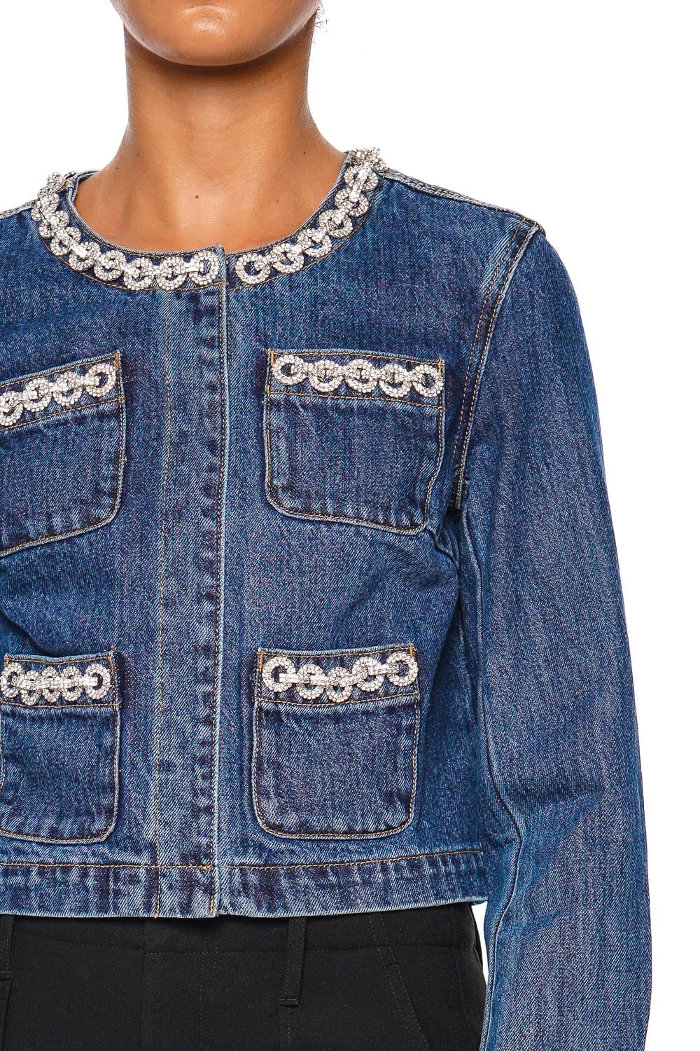 Crystal Trim Cropped Denim Jacket