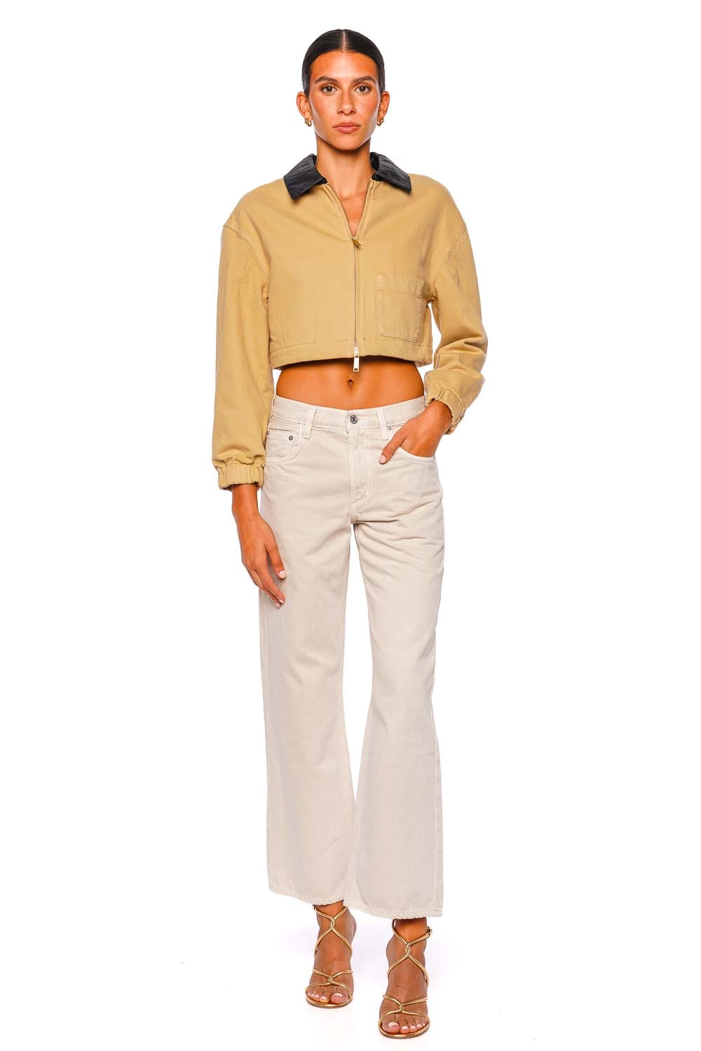 Cropped Contrast Faux Leather Collar Jacket