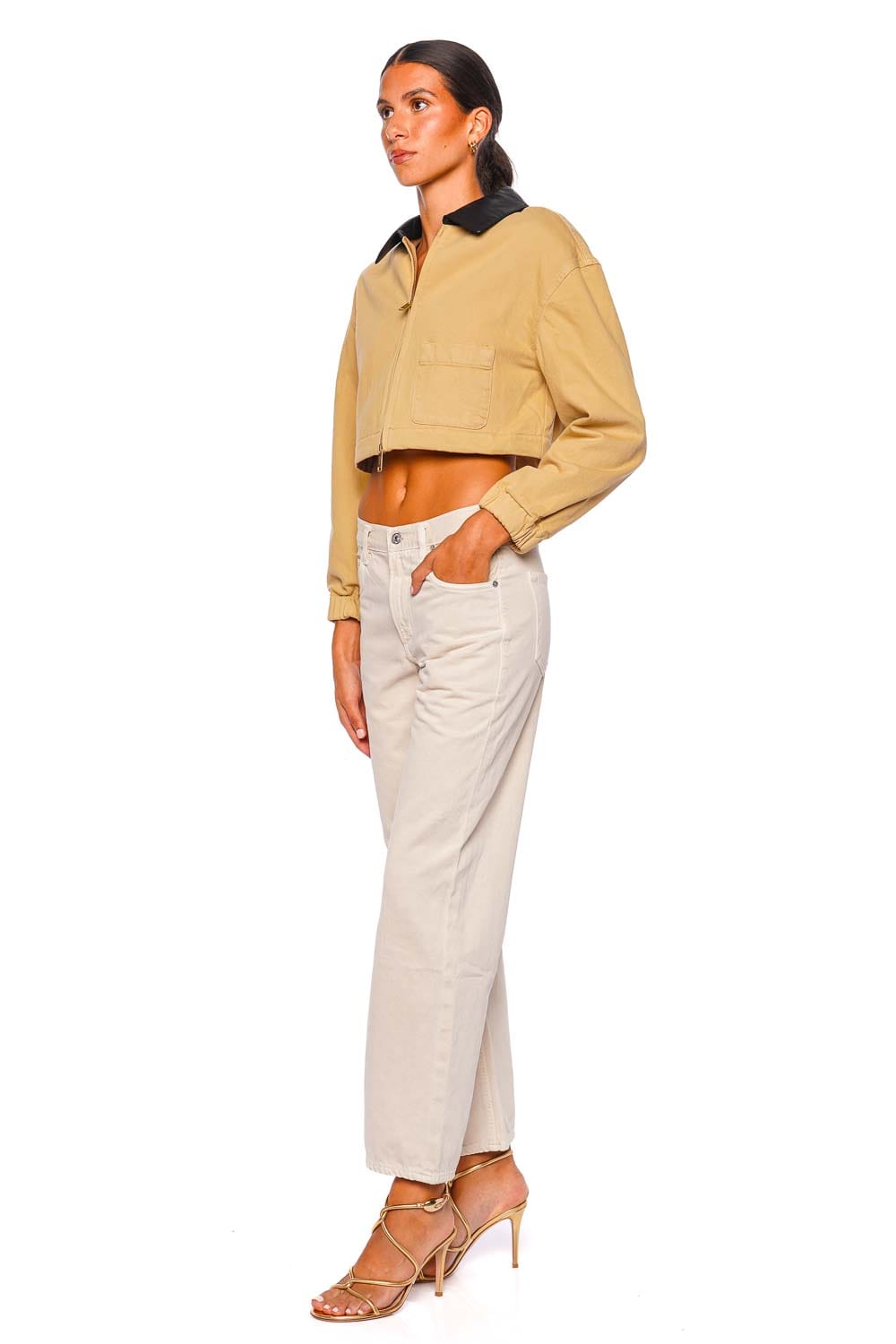 Cropped Contrast Faux Leather Collar Jacket