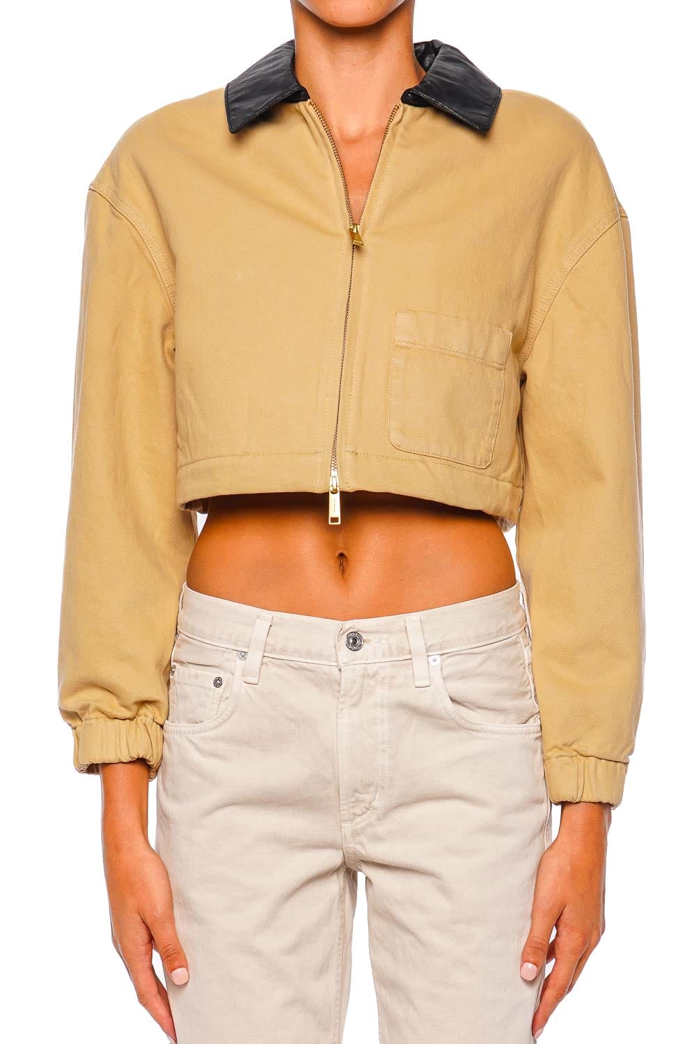 Cropped Contrast Faux Leather Collar Jacket