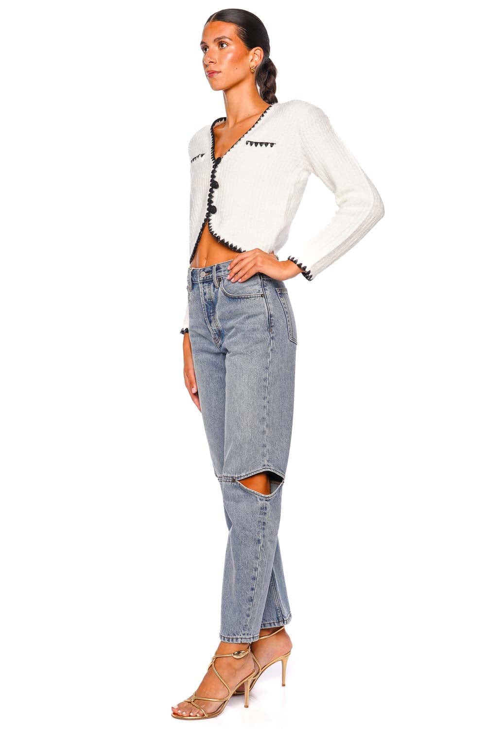 Anaya Contrast Crochet Cropped Knit Cardigan
