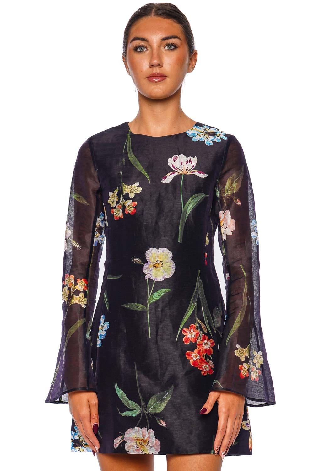 Suzanne Ebony Botanical Bell Sleeve Mini Dress