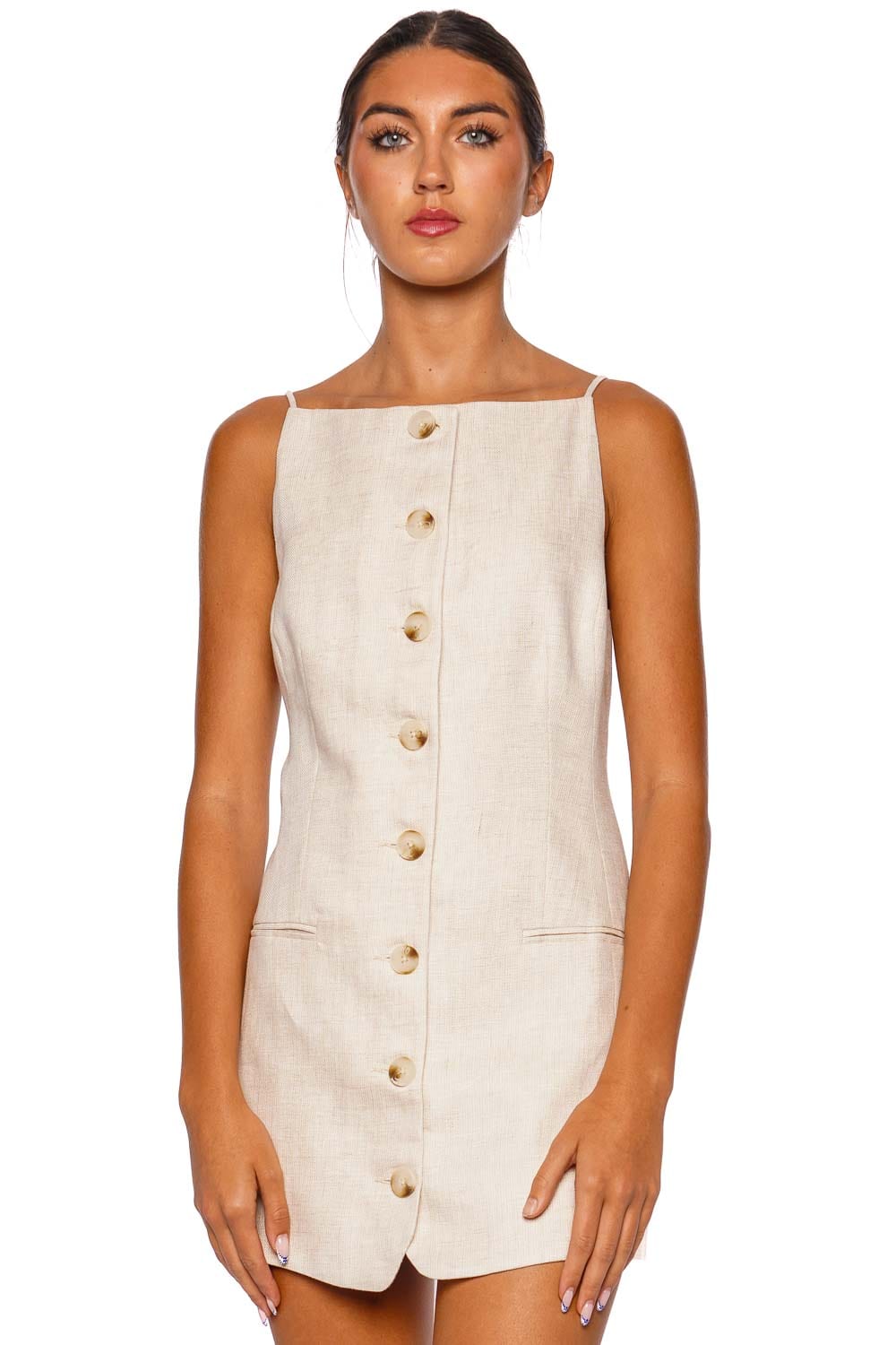 Elliot Square Neck Button Linen Mini Dress