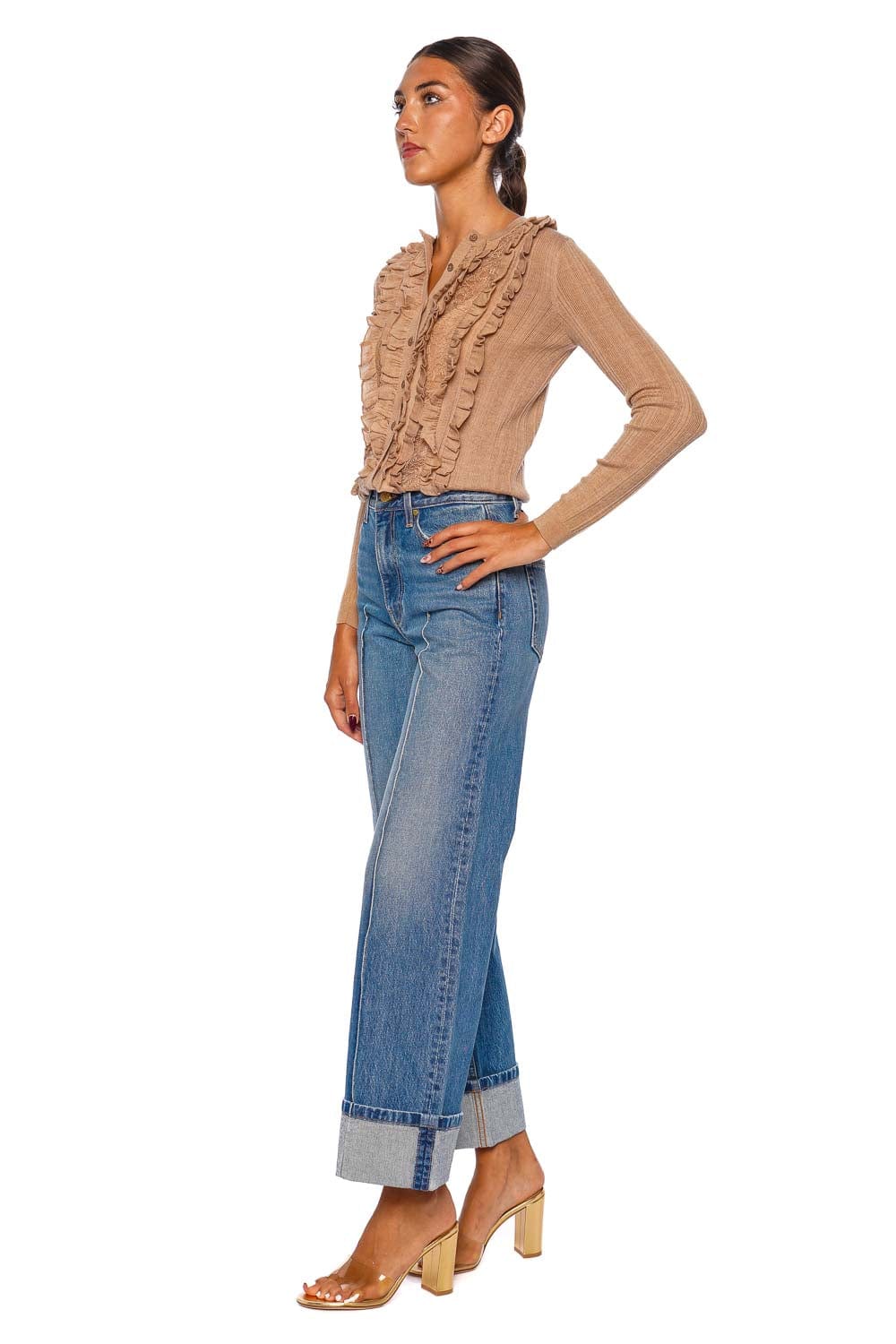 Maryel Camel Ruffled Lace Knit Cardigan