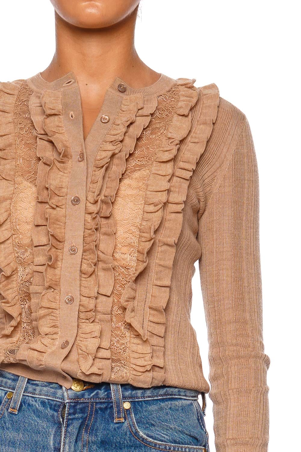 Maryel Camel Ruffled Lace Knit Cardigan