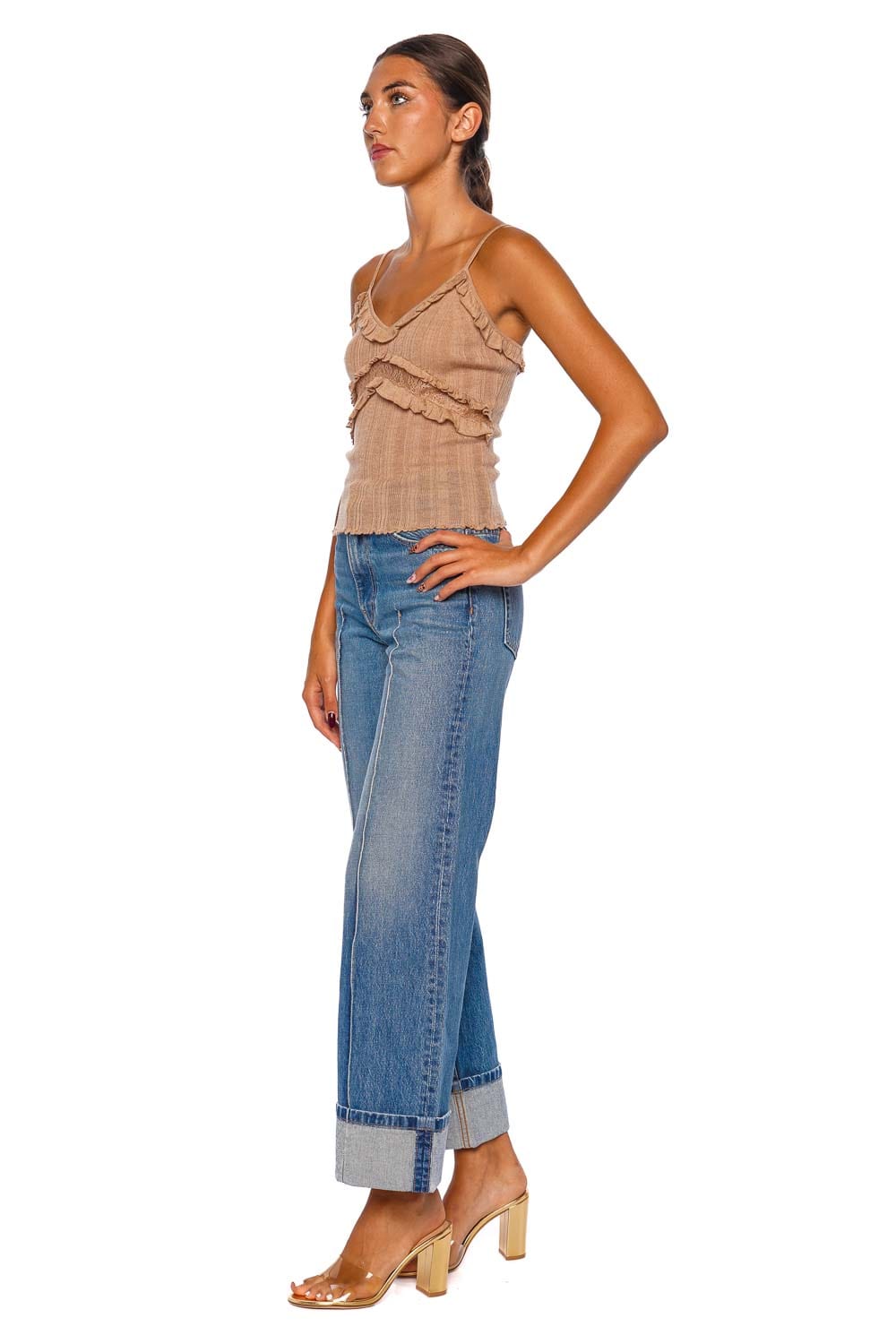 Anthia Camel Ruffled Lace Knit Cami Top