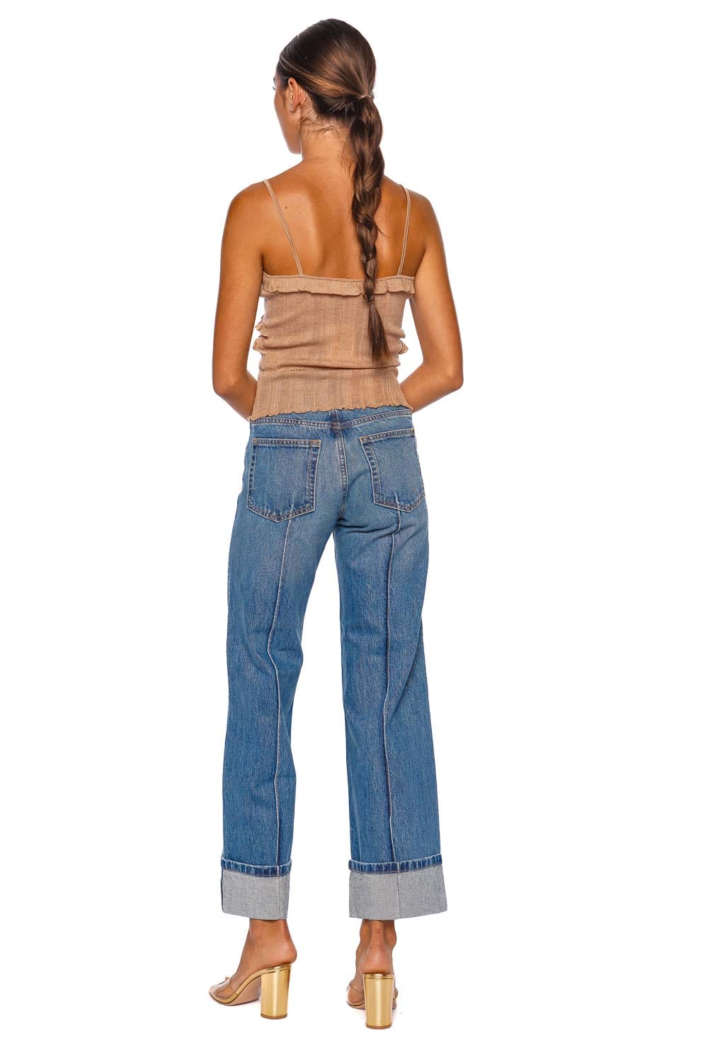 Anthia Camel Ruffled Lace Knit Cami Top