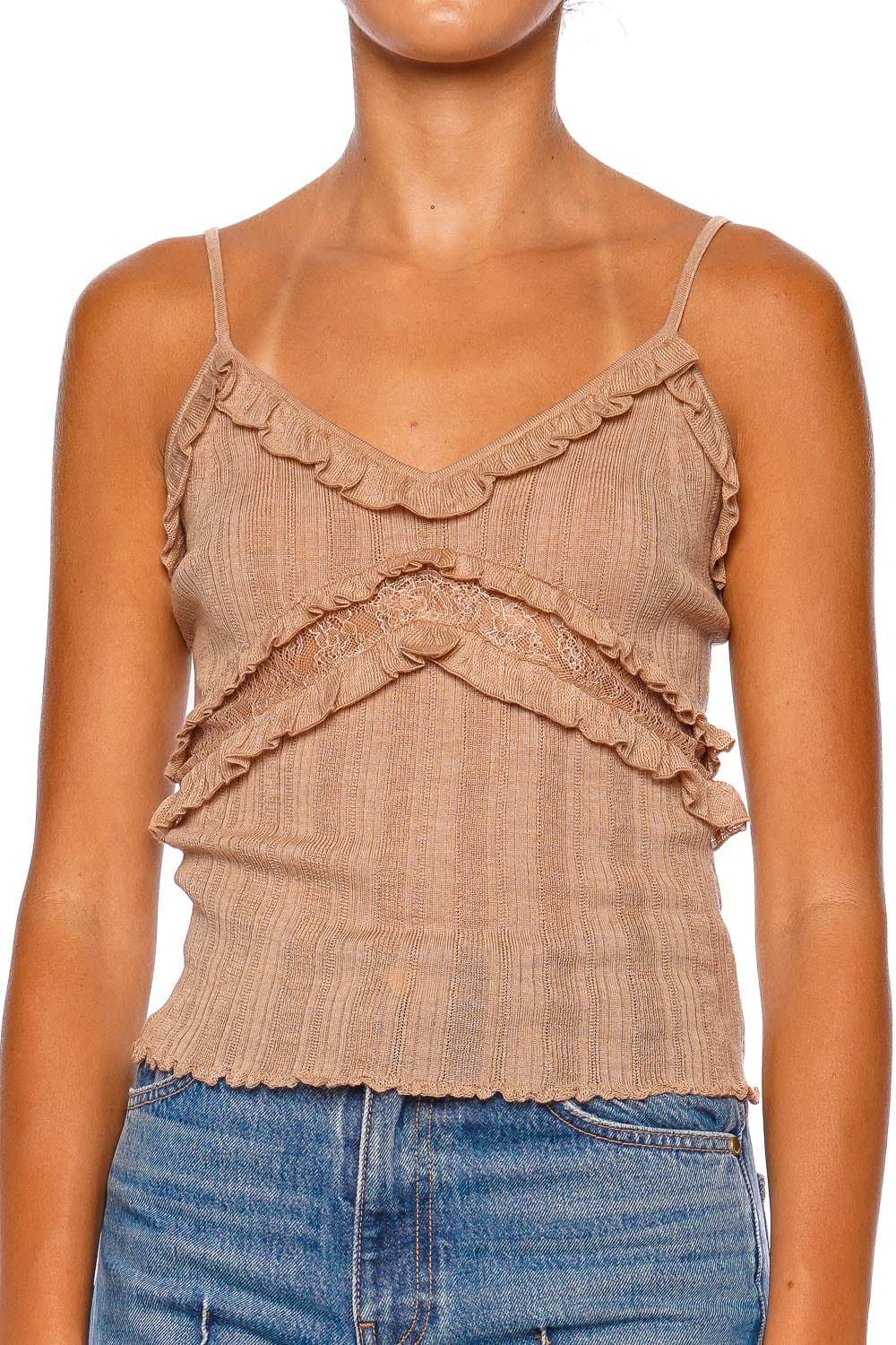 Anthia Camel Ruffled Lace Knit Cami Top