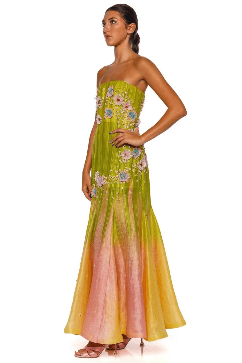 Sunset Glow Strapless Ombre Embroidered Gown