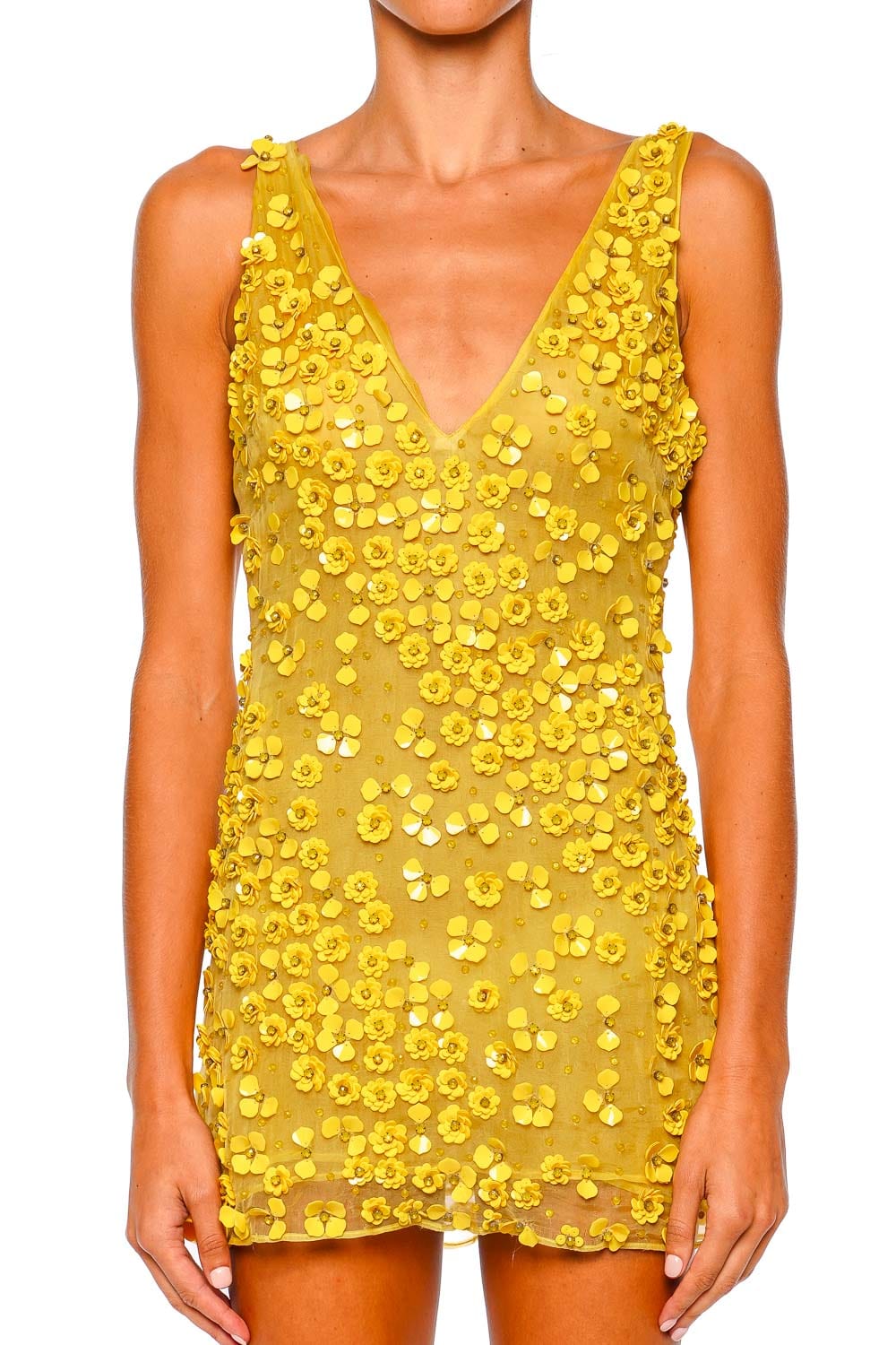 Sapphira Canary Floral Beaded Silk Mini Dress