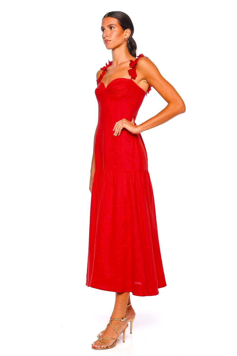 Ser Arte Red Linen Embellished Maxi Dress