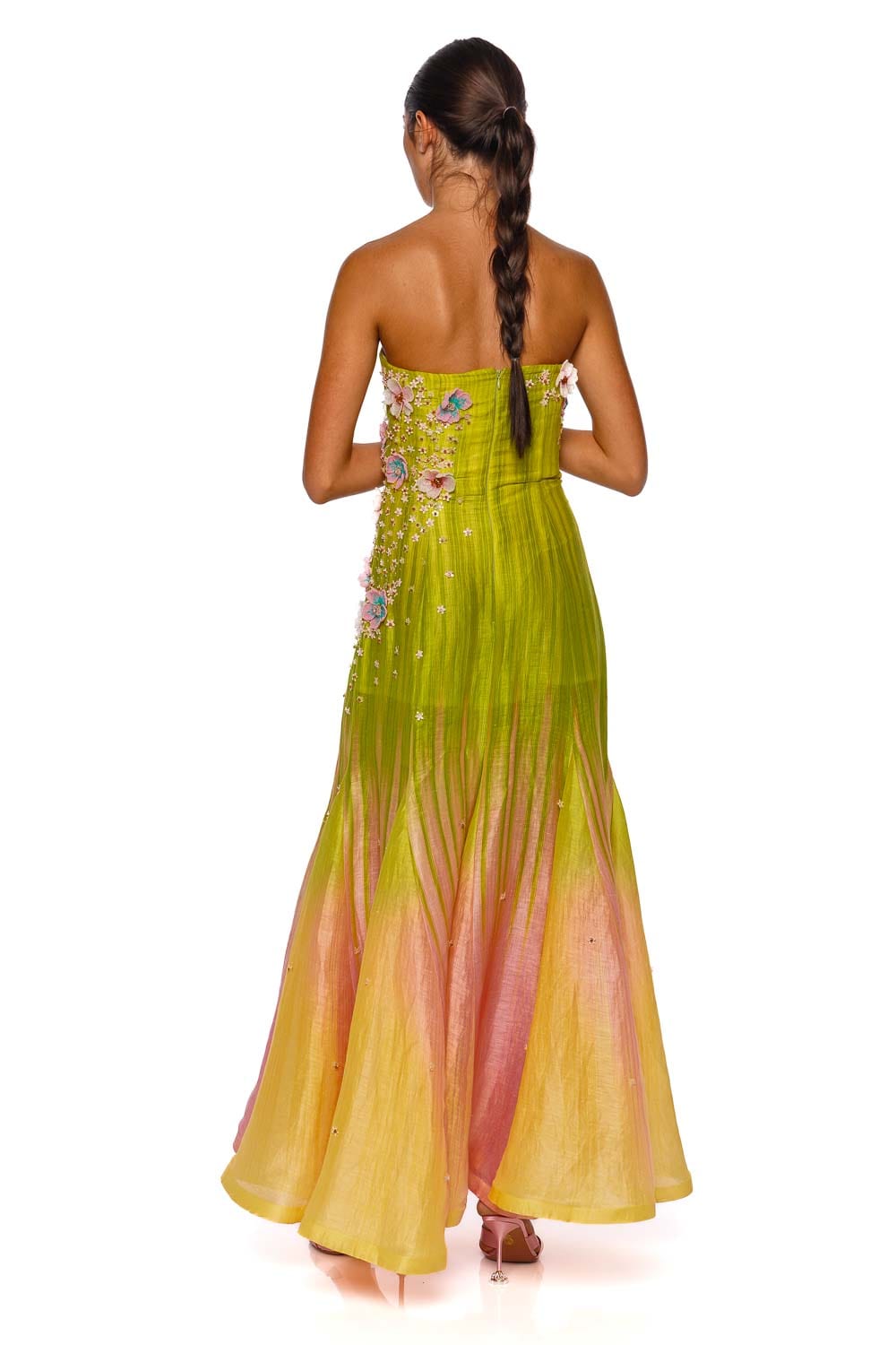 Sunset Glow Strapless Ombre Embroidered Gown