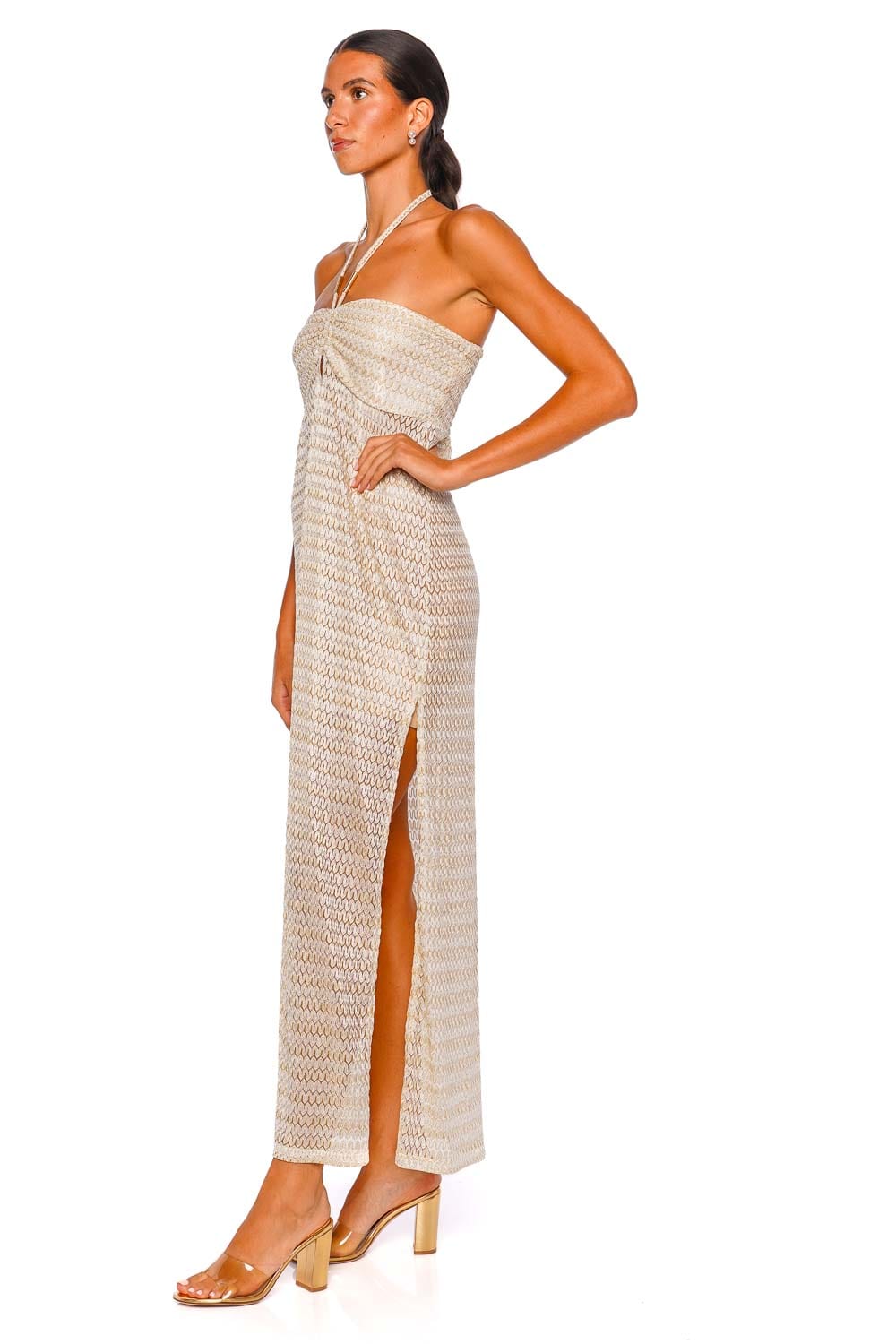 Mila Gold Metallic Knit Halter Maxi Dress