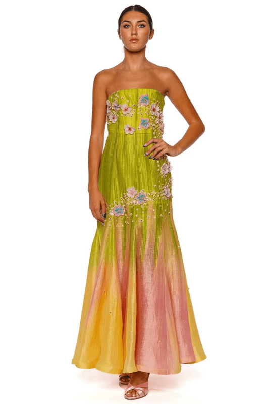 Sunset Glow Strapless Ombre Embroidered Gown
