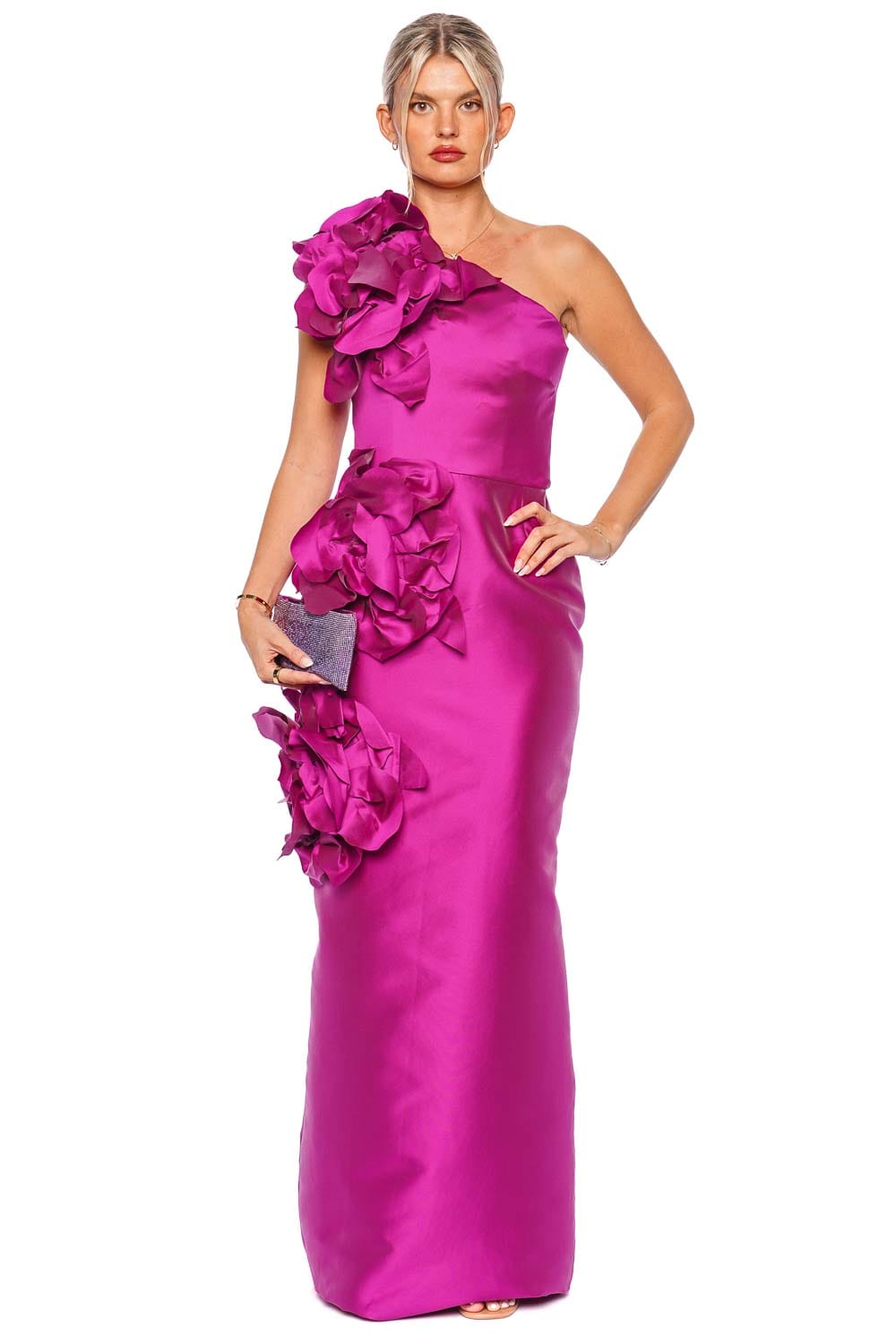 Raspberry One Shoulder Magnolia Flower Gown