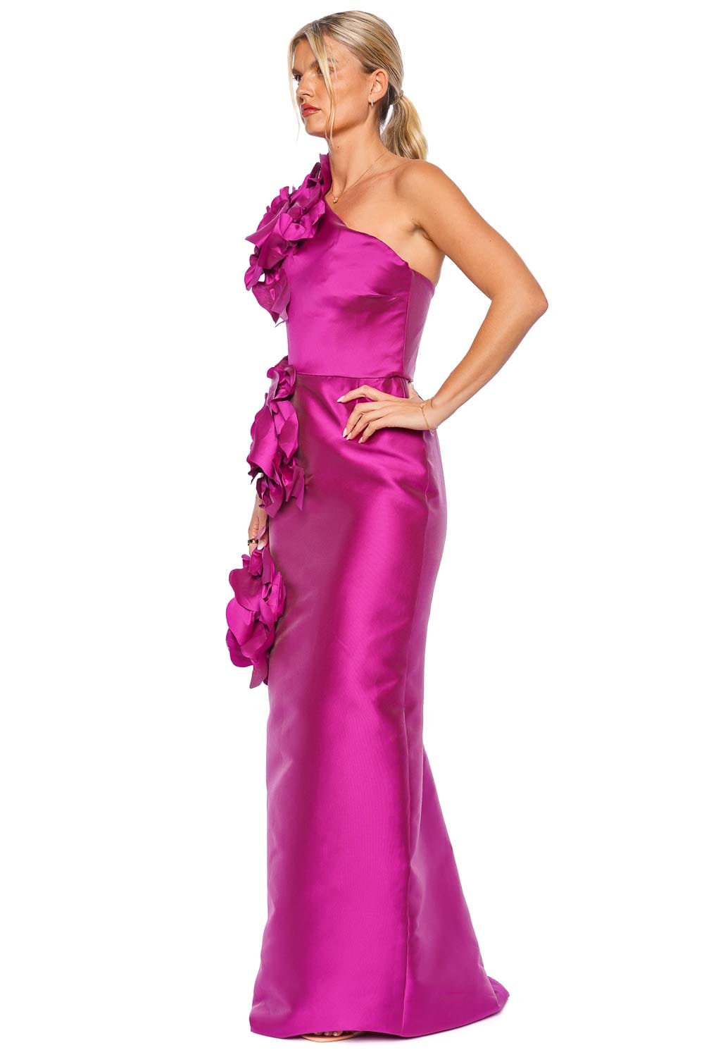 Raspberry One Shoulder Magnolia Flower Gown