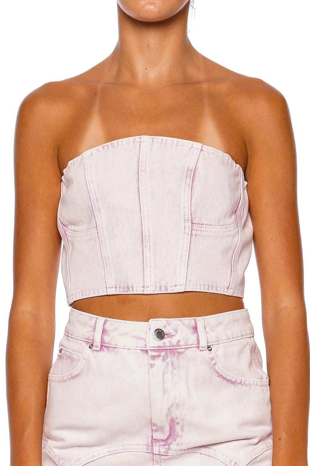 Acid Pink Denim Strapless Bustier Top