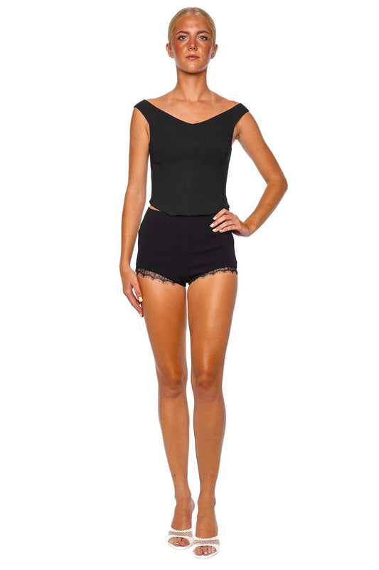 Black Stretch Crepe Lace Short