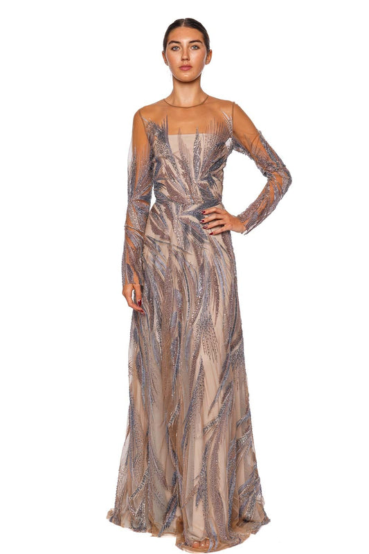 Beaded Illusion Long Sleeve Gown