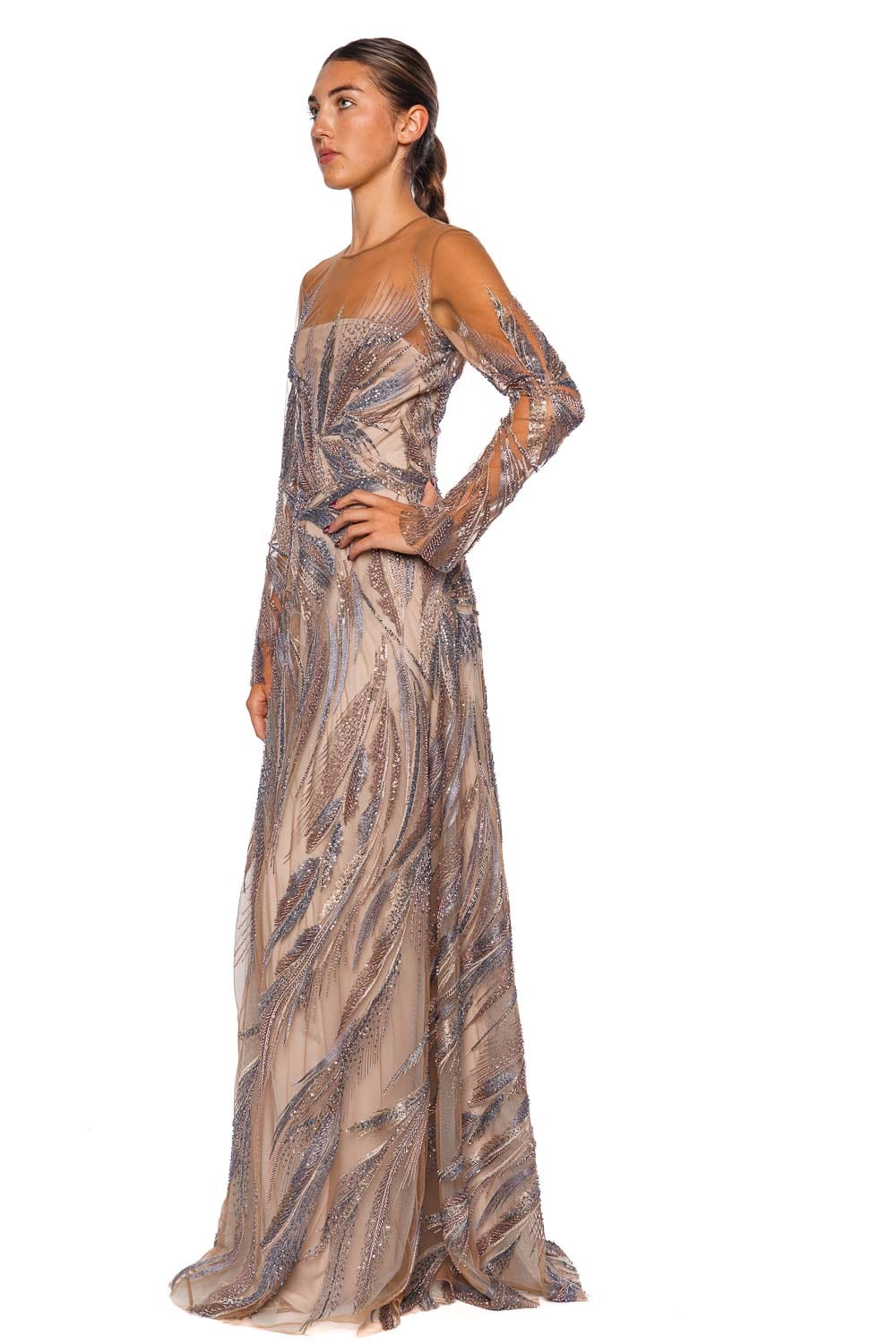 Beaded Illusion Long Sleeve Gown
