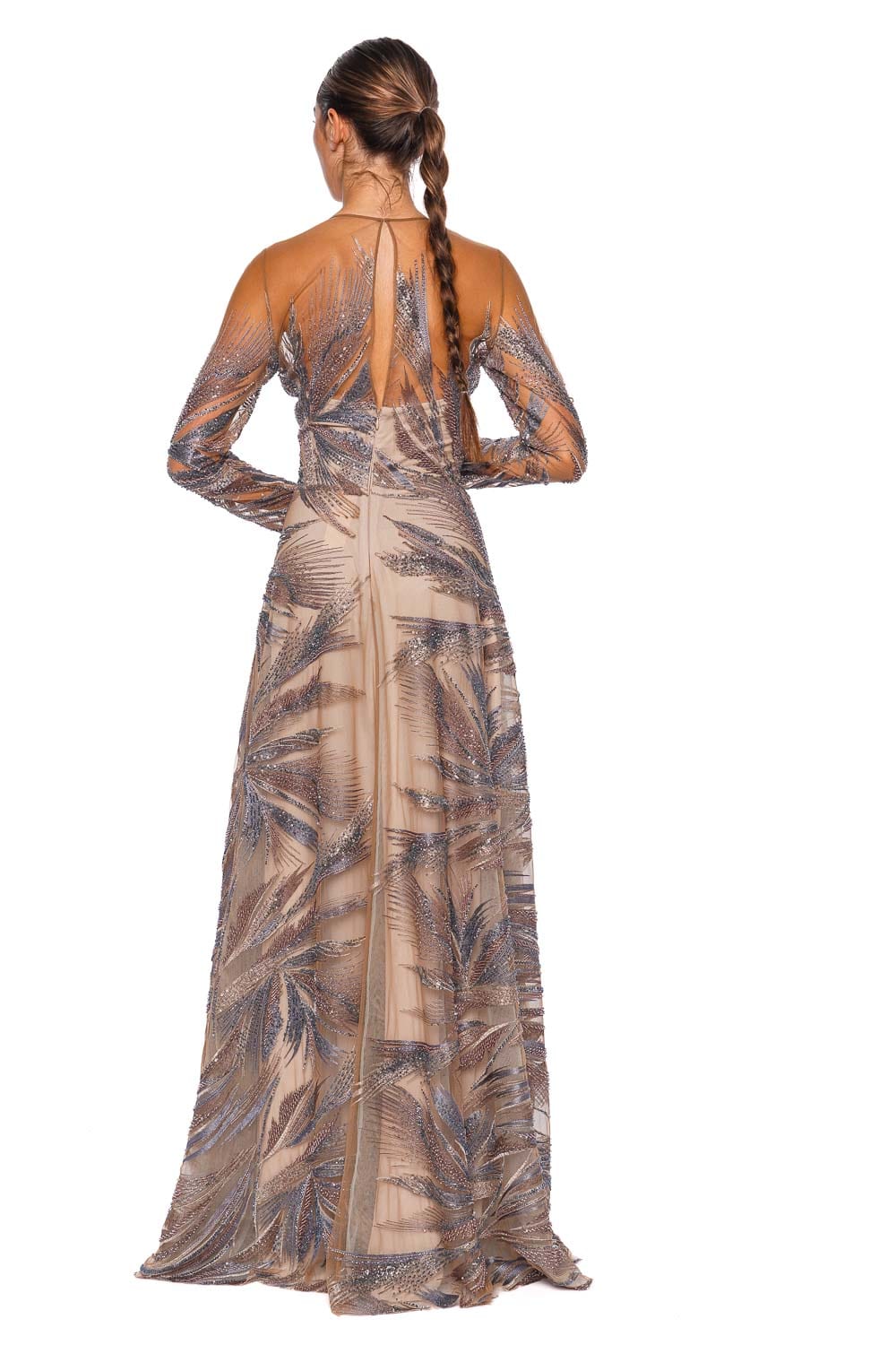 Beaded Illusion Long Sleeve Gown