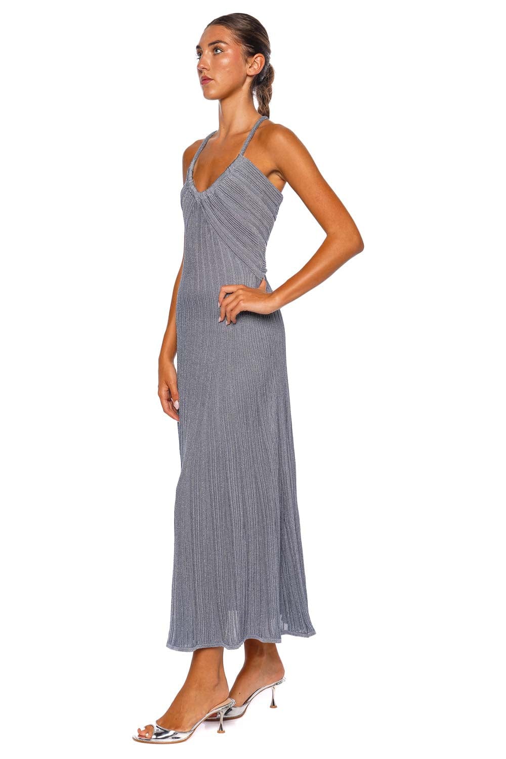 Cascadian Metallic Knit Halter Midi Dress